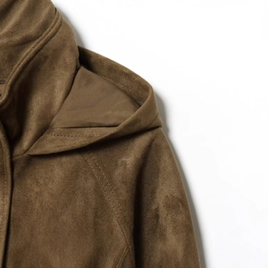 Women's brown suede hooded jacket with drawstring waist and detailed stitching