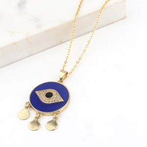 18k gold plated necklace featuring blue enamel evil eye pendant with zircon accents