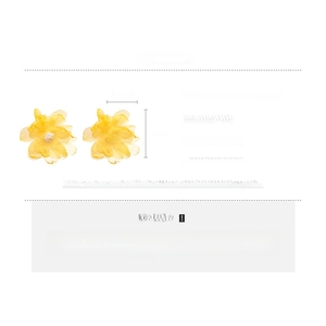 Detail view of handmade yellow lace flower earrings with pearls and silver posts