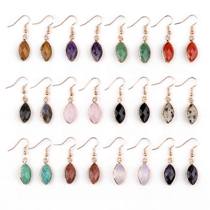 Set of 12 natural semi-precious stone marquise earrings in various colors and gold hooks