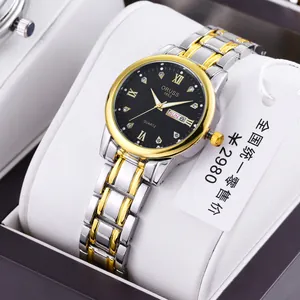 Detailed macro of a bicolor steel business watch with black dial and dual calendar display