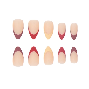 Matte almond press-on nails with colorful French tips in multi-color gradient style
