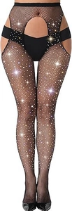 Close-up of black fishnet stockings featuring sparkling rhinestones and high waist cut-outs