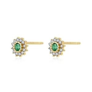 Macro detail of S925 silver stud earrings with emerald green stone and petal design