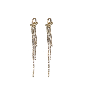 Silver needle knot heart earrings with sparkling tassel and crystal diamonds