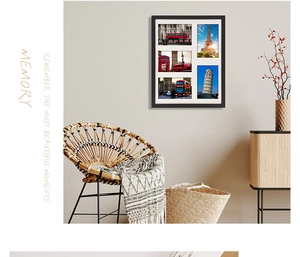 Black 5-slot wall photo frame with white matting in a cozy Nordic living room setting