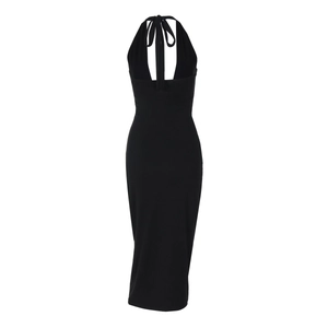 Detailed view of backless halter design and smooth fabric texture on black midi dress
