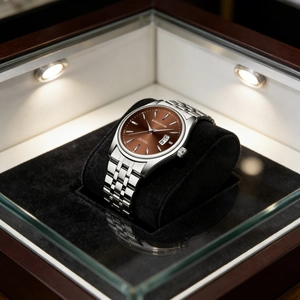 Close-up of KINGNUOS men's watch with brown dial and date display in a glass case