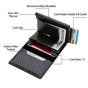 Slim RFID blocking wallet with carbon fiber texture and pop-up aluminum card holder