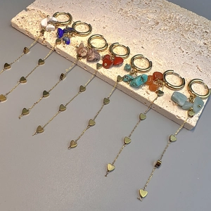 Bohemian Stainless Steel Long Drop Earrings With Natural Stone Chips And Heart Charms Chain Dangle Vintage Jewelry