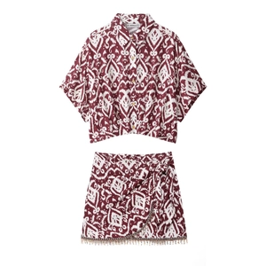 Boho Ikat Print Kurzarmhemd Und Wickelrock Mit Perlenquasten Ethnische Damen Urlaubsoutfit