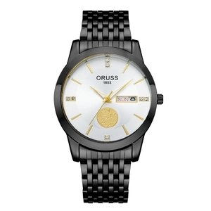 Detail of ORUSS watch dial with date display, luminous hands, and black metal strap