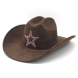 Brown faux suede cowboy hat featuring a sparkling rhinestone star emblem and a wide brim