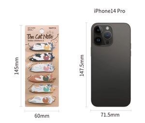 Detailed size comparison of cute cat index tabs with an iPhone 14 Pro reference
