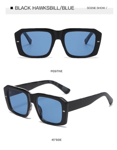 Detail view of black hawksbill square frame sunglasses with blue lenses from two angles