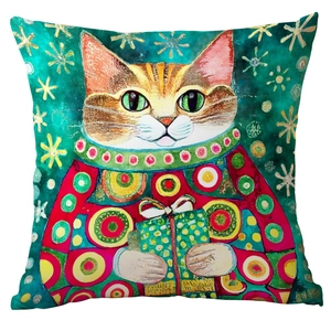 Detail of artistic watercolor cat print on textured Christmas cushion cover fabric