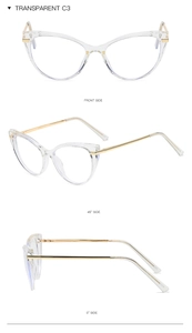 Three-angle views of transparent cat-eye glasses frame with sleek golden metal temples