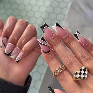 Press On Nails Long Coffin French Tip Abstract Lines Nude Pink Black White Pattern False Nails Manicure For Women