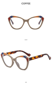 Detailed front and side views of coffee cat-eye glasses with colorful geometric accents