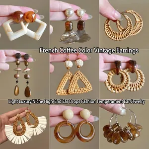 Bohemian Retro Rattan Woven Earrings With 925 Sterling Silver Earring Post Resin Wood Geometric Drop For Women