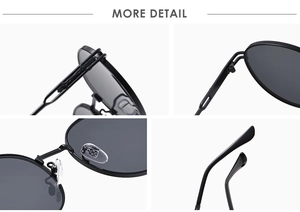 Detailed views of sunglasses hinges, hollow temples, and soft transparent nose pads