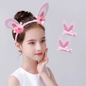 Set de serre-tête oreilles de lapin rose à paillettes et barrettes assorties pour fille