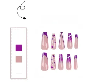 Detail of purple French press-on nails with white heart rhinestones and gradient texture