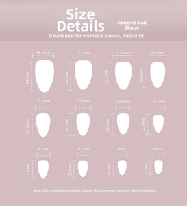 Size chart for almond-shaped press-on nails showing 12 different widths and lengths
