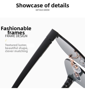 Detail of metal nose pads and sleek black temples on frameless oversized sunglasses
