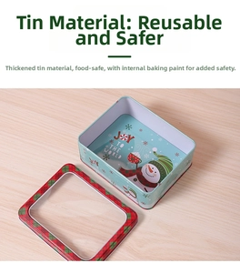 Detailed top view of Christmas tinplate box with snowman design and clear window lid