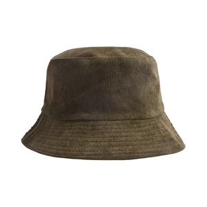 Detail of olive green corduroy bucket hat showing fine ribbed texture and fabric quality