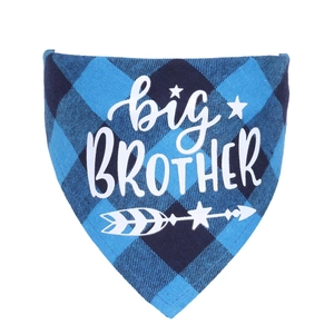 Detail of blue buffalo plaid dog bandana with big BROTHER print on soft cotton fabric