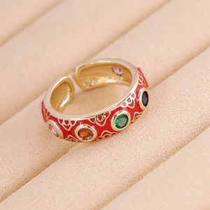 Vintage gold adjustable ring with red enamel and colorful cubic zirconia stones