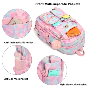 Detail view of tie-dye school backpack featuring front multi-separate functional pockets