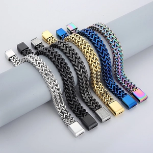 Men's double-row braided stainless steel keel bracelet in multiple metallic color options