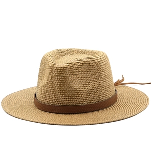 Classic straw panama sun hat with brown leather band for beach vacation and sun protection