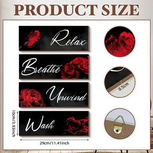 Set of 4 black farmhouse wall plaques with red roses and Relax Breathe Unwind Wash text
