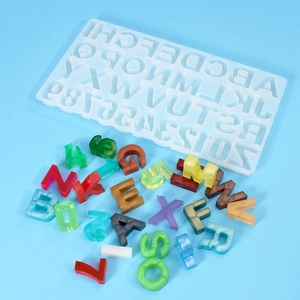 Silicone alphabet and number resin molds with colorful DIY epoxy jewelry samples