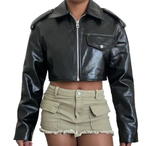 Women's black cropped faux leather jacket with metal zipper and turn-down collar