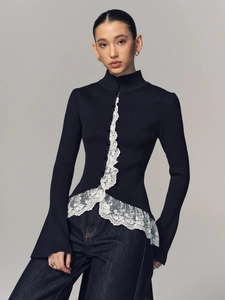 Navy slim knit cardigan with white lace ruffles and flared sleeves for women
