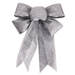 Sparkling silver glitter Christmas bow ornament for holiday tree and gift decoration