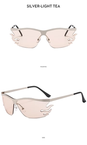 Detailed front and side views of silver flame-shaped sunglasses with light tea lenses