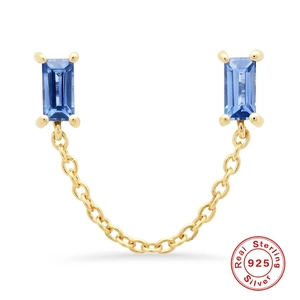 925 Sterling Silver chain earrings with rectangular blue sapphire zircon gemstones