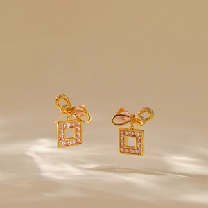 Vintage 18K gold plated bow square earrings with pink crystal and white zircon stones