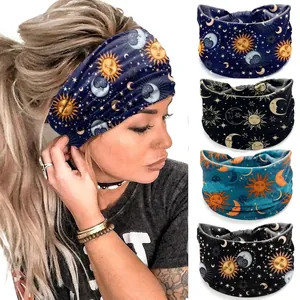Bohemian elastic wide yoga headband with celestial sun and moon patterns in four colors