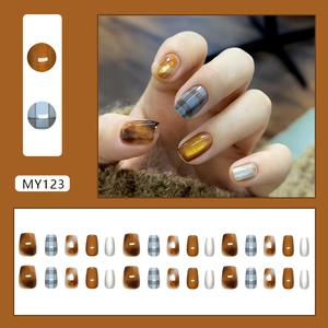 Amber brown cat eye and plaid press-on nail set with 30 pieces in various sizes