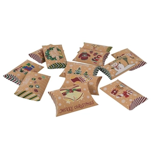 Set of 12 festive Christmas kraft paper pillow boxes with assorted holiday patterns