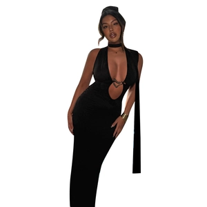 Slim fit black backless maxi dress with halter V-neck and hollow out metal buckle detail