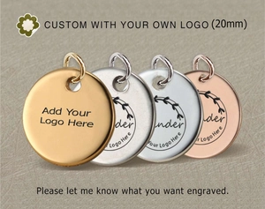 Detailed 20mm round stainless steel custom logo tags in gold, silver and rose gold finishes