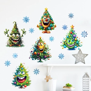 Christmas Tree Wall Sticker Cartoon Smile Face Snowflake PVC Self-Adhesive Waterproof Holiday Home Decor